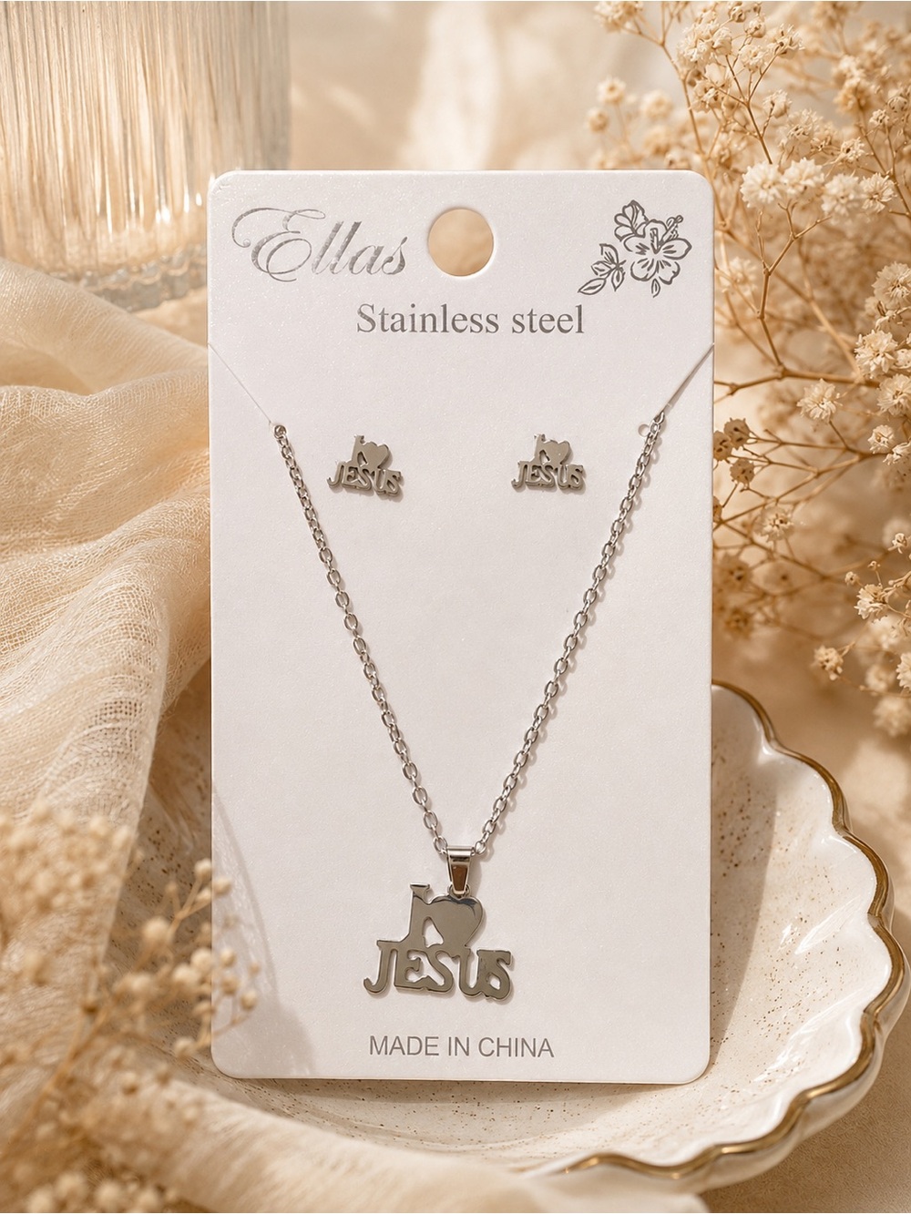 Ella Silver 'I ♥ Jesus' Stainless Steel Necklace & Stud Earring Set